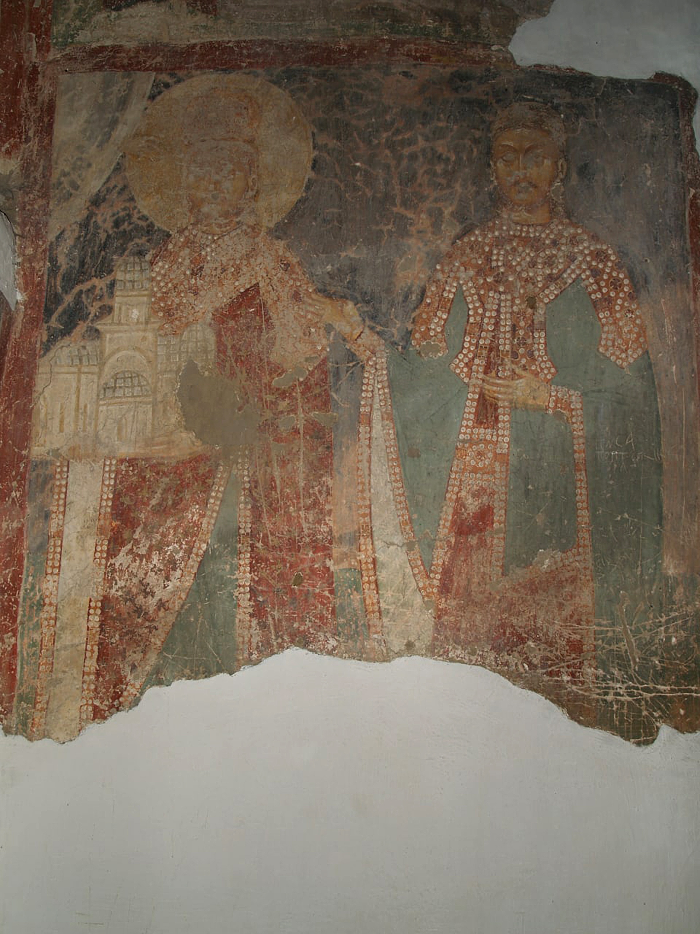Despot Stefan Lazarević with the representation of the church in his hands and Vuk Lazarević, ca. 1403–05, the southern part of the western wall of the western bay, Rudenica Monastery (source: J. S. Ćirić)