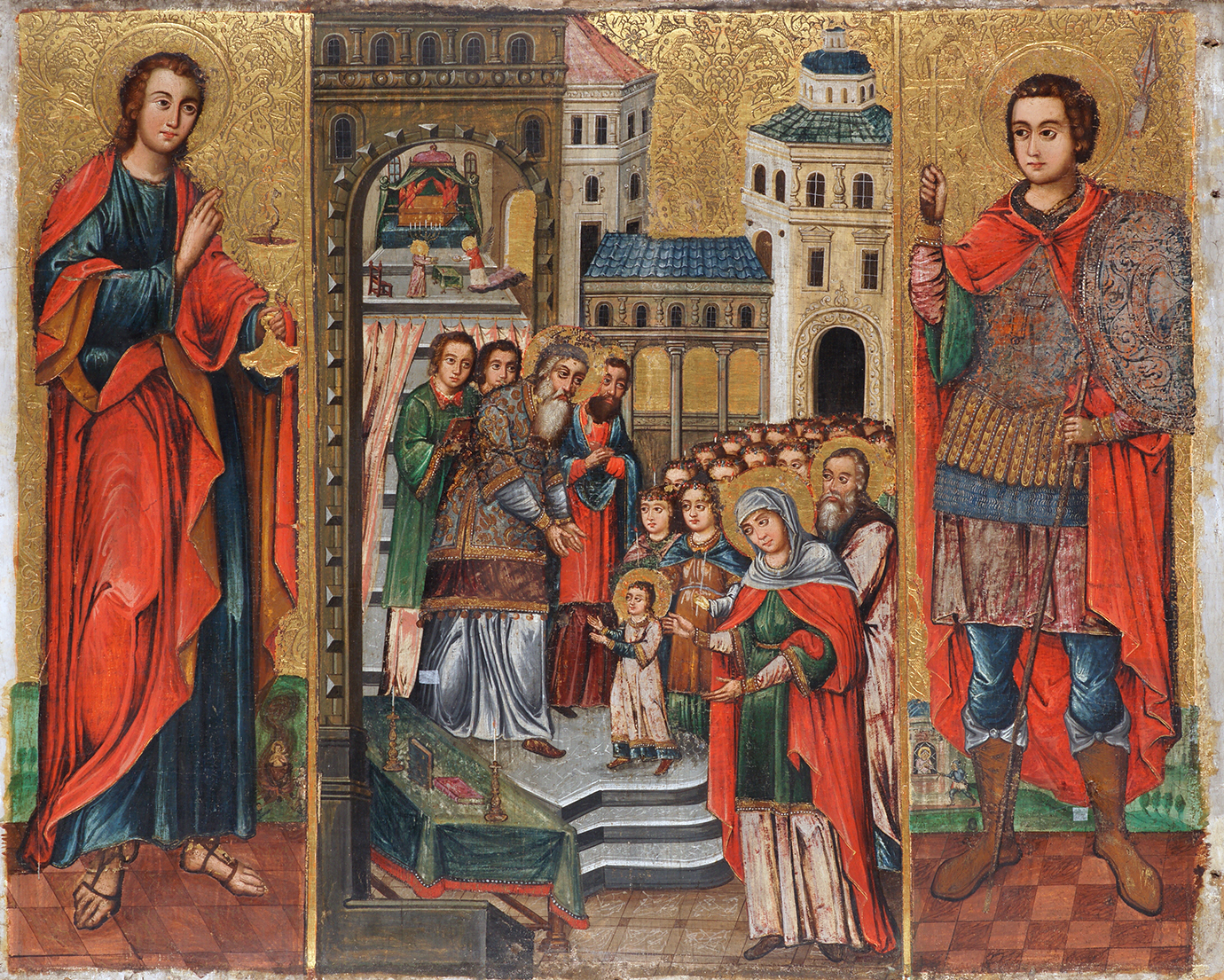 Icon “The Entry of the Virgin Mary into the Temple with St. John the Theologian and St. Demetrios”, 1630–40s, from the church in Cheremoshnia (Lviv region, Ukraine), board, gesso, tempera, oil, gilding (source: Andrei Sheptytskyi National Museum in Lviv)