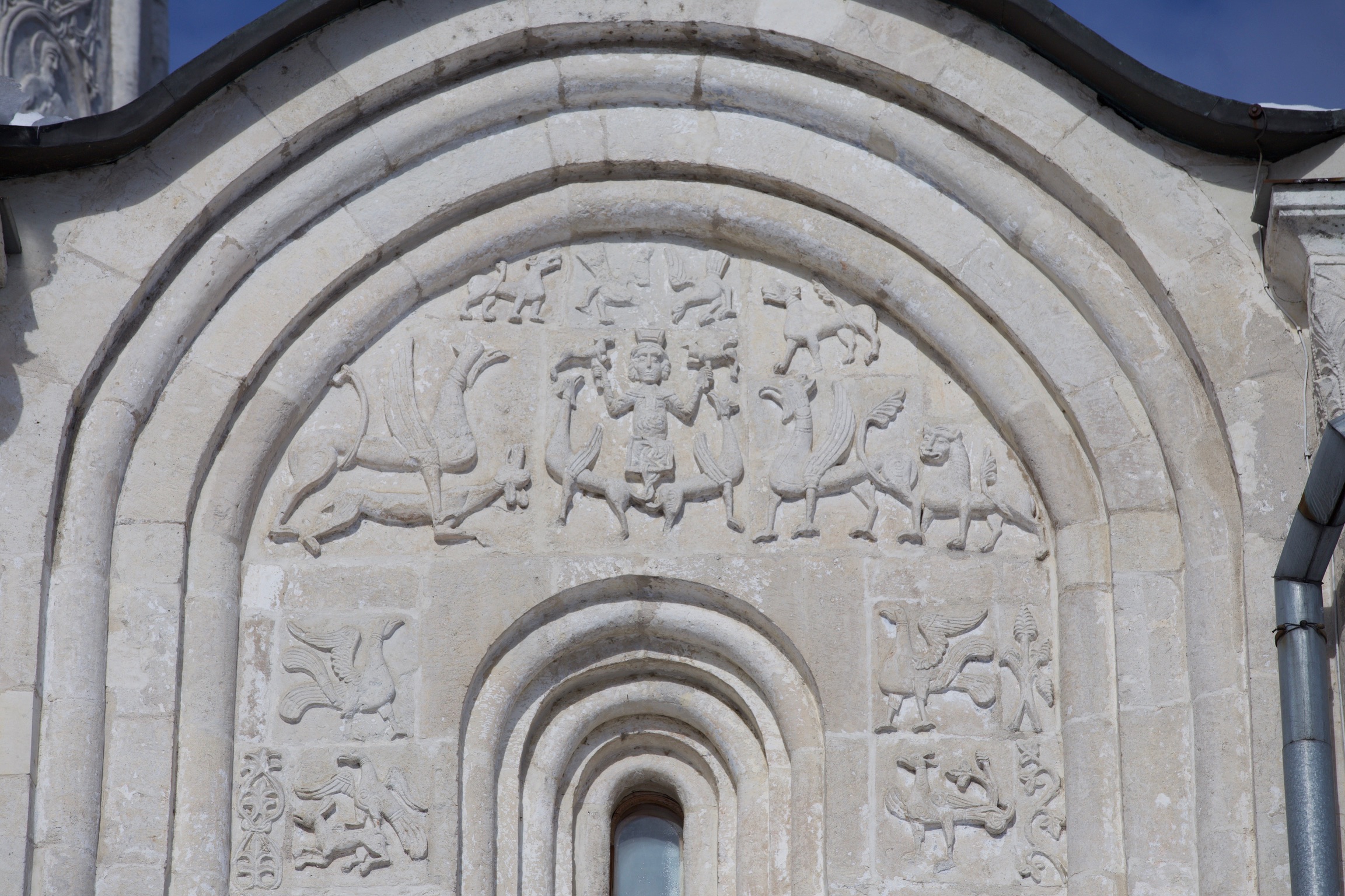 View of south façade right zakomara, Apotheosis of Alexander the Great, Cathedral of St. Demetrios, 1193-97, Vladimir (source: J. Willson) 