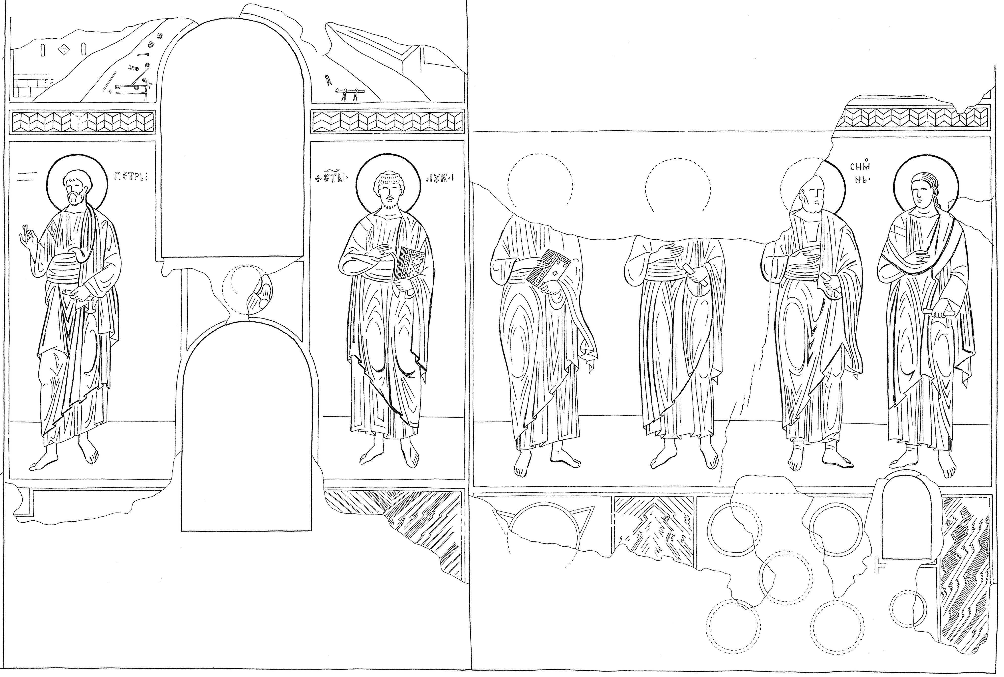 Figures of six apostles, ca. 1221, interior western part of the southern choir, Ascension Church, Žiča Monastery (source: B. Živković)