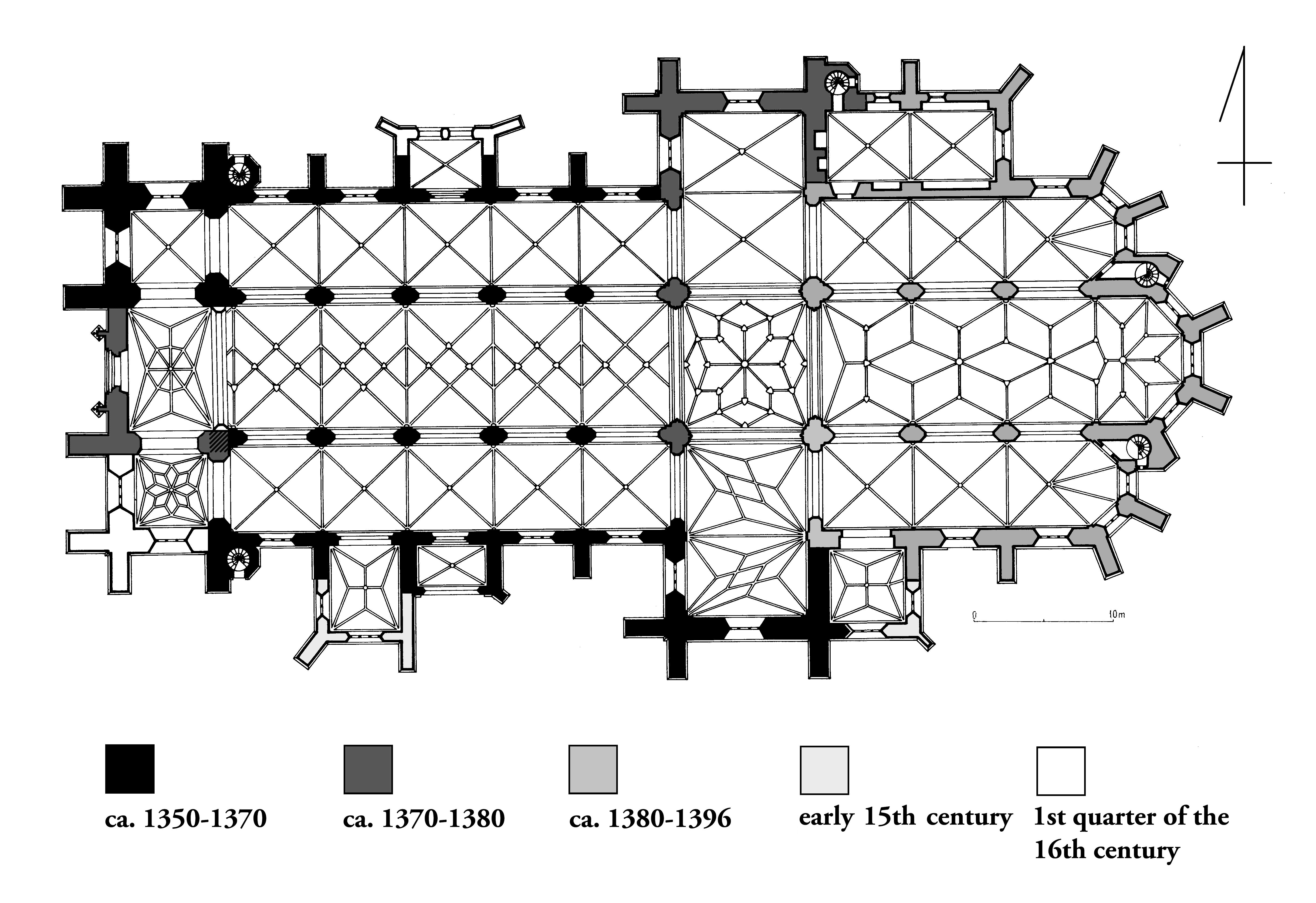 Strzegom, the Parish Church of Sts. Peter and Paul, c. 1350–1396, ground plan with indication of building phases (source: J. Adamski)