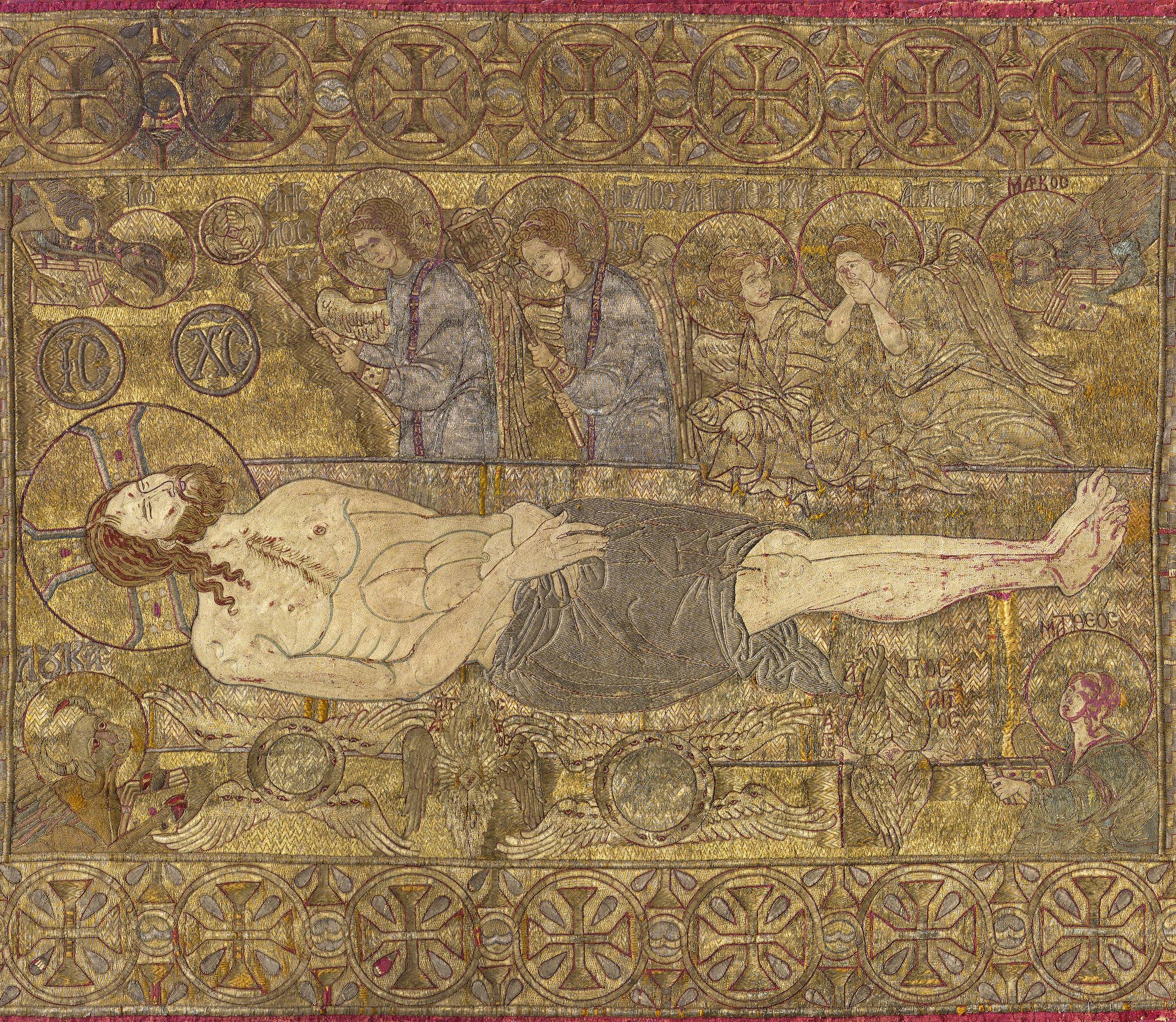 Thessaloniki Epitaphios, detail of the threnos, ca. 1300, embroidered textile, Museum of Byzantine Culture, No. ΒΥΦ 57, Thessaloniki, Greece (source: Hellenic Ministry of Culture and Sports. Museum of Byzantine Culture, Thessaloniki)

 
